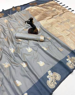 Grey soft silk saree with zari weaving & peacock motifs 1