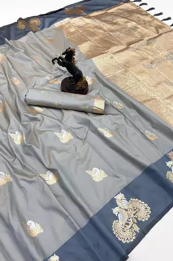 Grey soft silk saree with zari weaving & peacock motifs