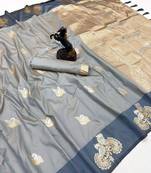 Grey soft silk saree with zari weaving & peacock motifs