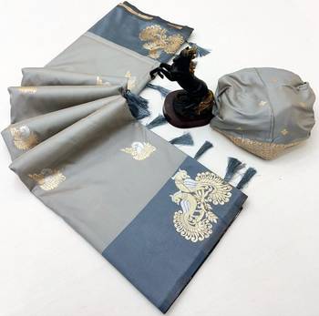 Grey soft silk saree with zari weaving & peacock motifs 2