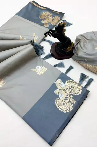Grey soft silk saree with zari weaving & peacock motifs