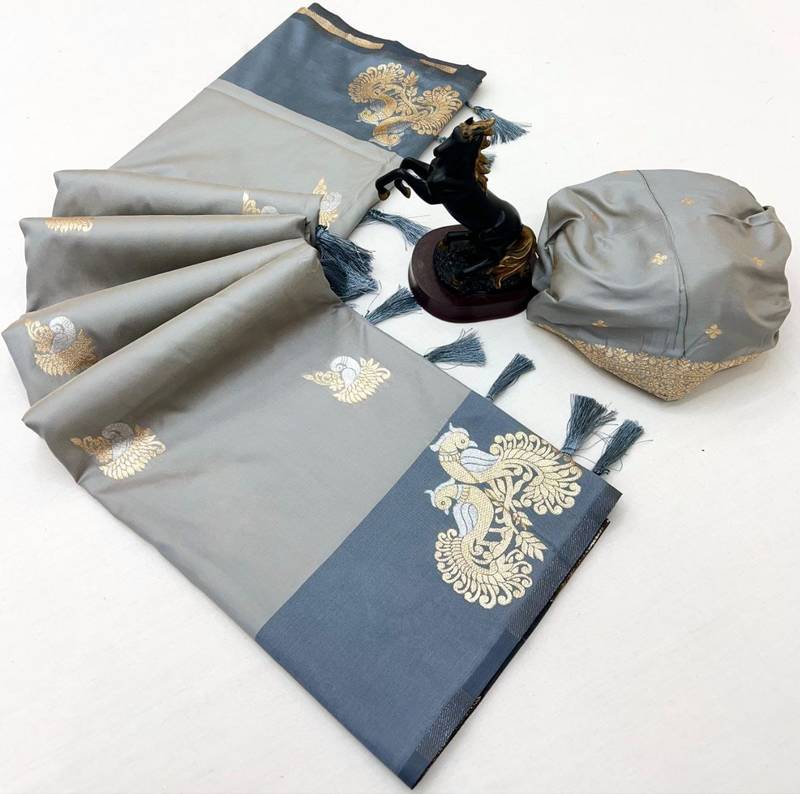 Grey soft silk saree with zari weaving & peacock motifs