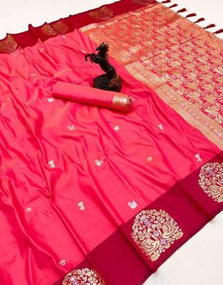 Red soft silk saree with zari weaving & rajhans motifs 1