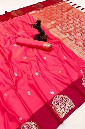 Red soft silk saree with zari weaving & rajhans motifs