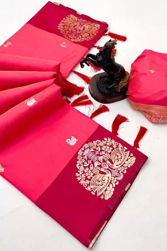 Red soft silk saree with zari weaving & rajhans motifs