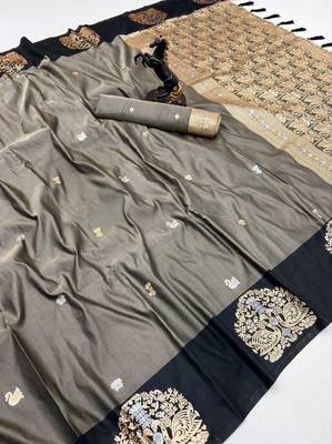 Dark grey soft silk saree with zari weaving & rajhans motifs 1