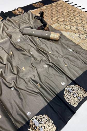 Dark grey soft silk saree with zari weaving & rajhans motifs