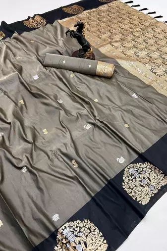 Dark grey soft silk saree with zari weaving & rajhans motifs