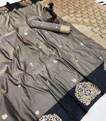 Dark grey soft silk saree with zari weaving & rajhans motifs