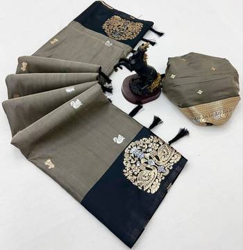 Dark grey soft silk saree with zari weaving & rajhans motifs 2