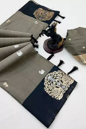 Dark grey soft silk saree with zari weaving & rajhans motifs