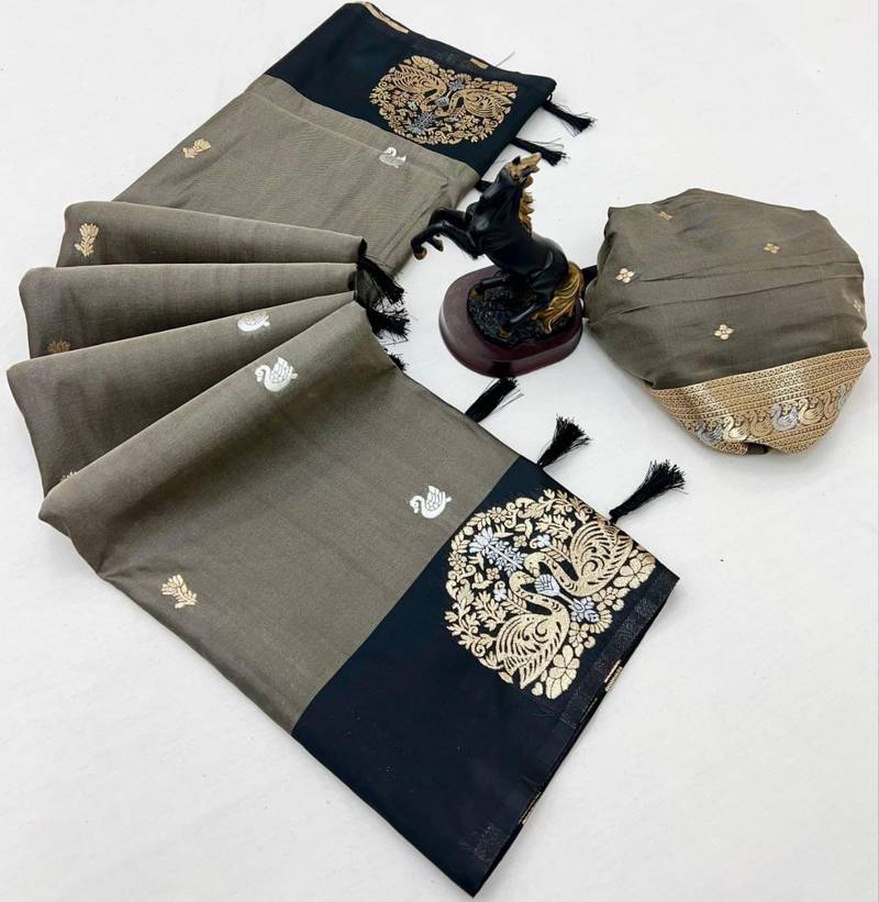 Dark grey soft silk saree with zari weaving & rajhans motifs