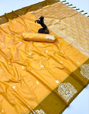 Yellow soft silk saree with zari weaving & rajhans motifs 1