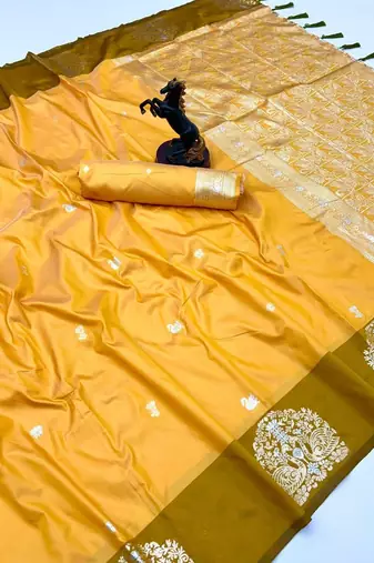 Yellow soft silk saree with zari weaving & rajhans motifs