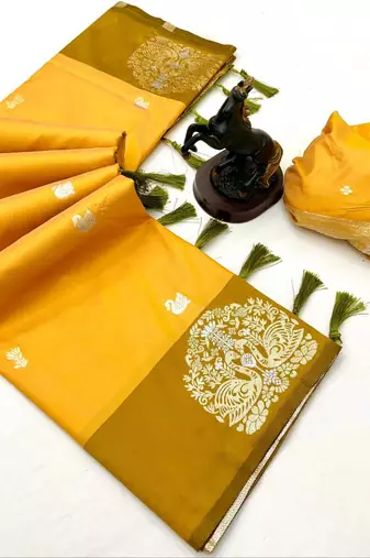 Yellow soft silk saree with zari weaving & rajhans motifs