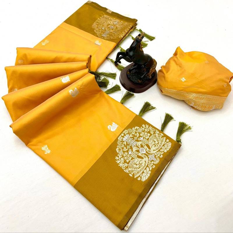 Yellow soft silk saree with zari weaving & rajhans motifs