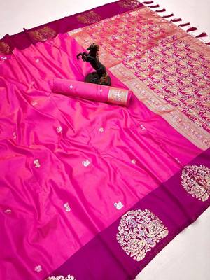 Pink soft silk saree with zari weaving & rajhans motifs 1