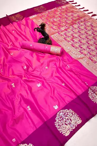Pink soft silk saree with zari weaving & rajhans motifs