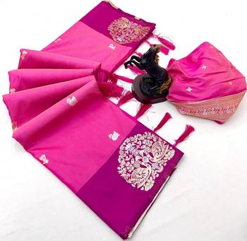 Pink soft silk saree with zari weaving & rajhans motifs 2
