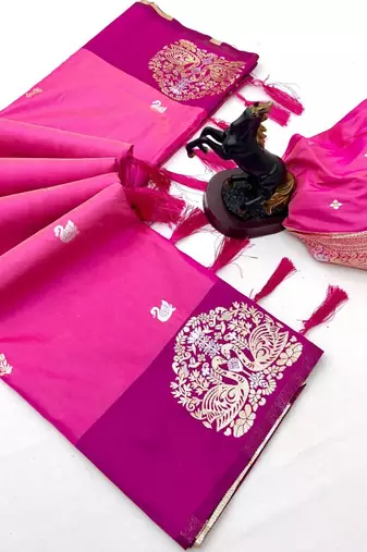 Pink soft silk saree with zari weaving & rajhans motifs