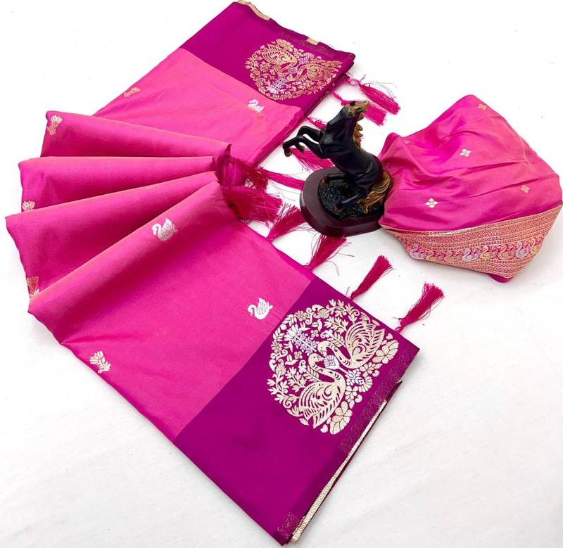 Pink soft silk saree with zari weaving & rajhans motifs