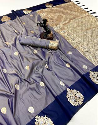 Navy blue soft silk saree with zari weaving & peacock motifs 1