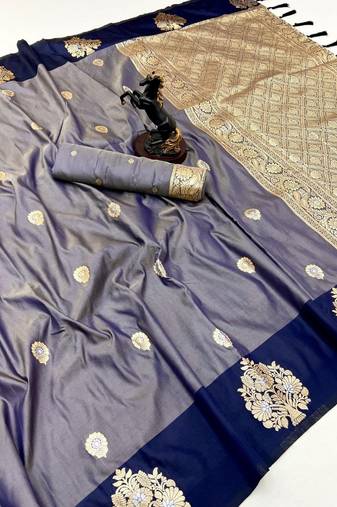 Navy blue soft silk saree with zari weaving & peacock motifs