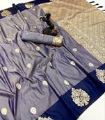 Navy blue soft silk saree with zari weaving & peacock motifs