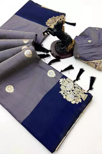 Navy blue soft silk saree with zari weaving & peacock motifs