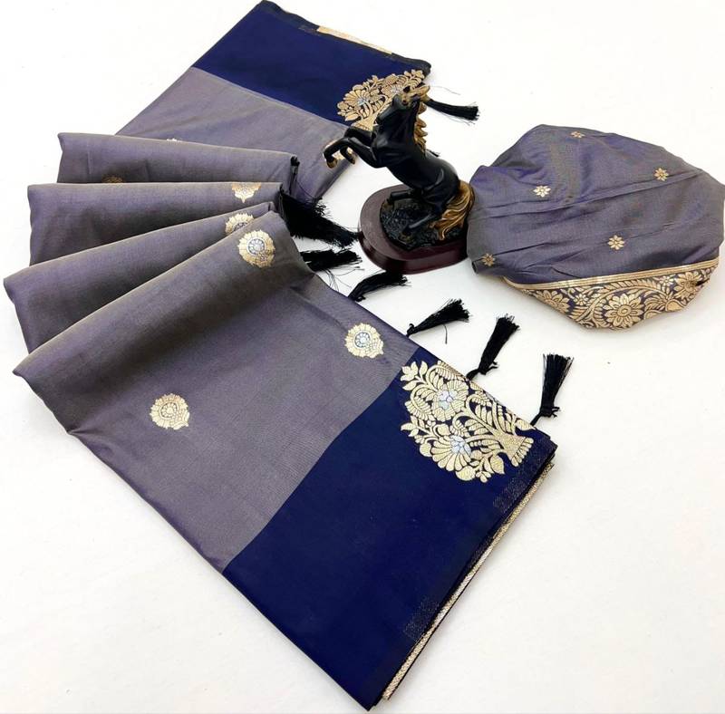 Navy blue soft silk saree with zari weaving & peacock motifs