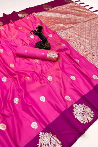 Pink soft silk saree with zari weaving & peacock motifs