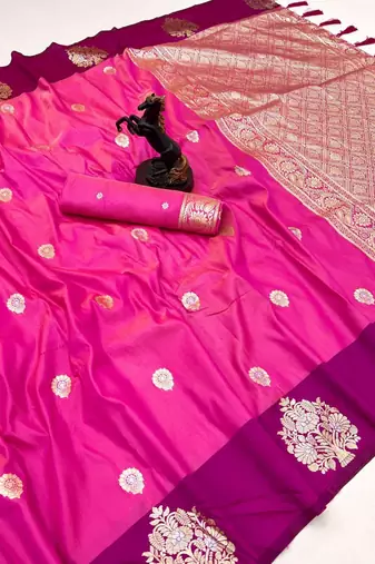 Pink soft silk saree with zari weaving & peacock motifs