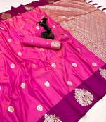 Pink soft silk saree with zari weaving & peacock motifs