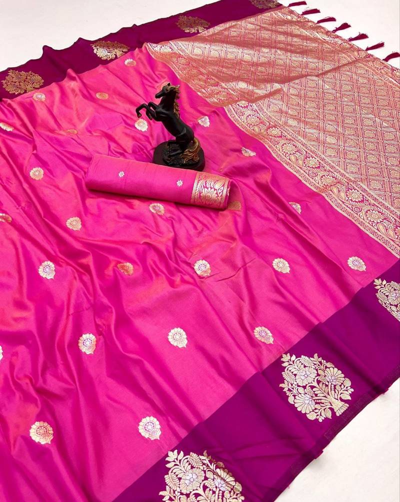 Pink soft silk saree with zari weaving & peacock motifs
