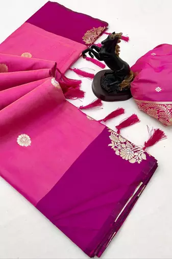 Pink soft silk saree with zari weaving & peacock motifs