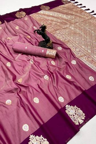 Magenta soft silk saree with zari weaving & peacock motifs