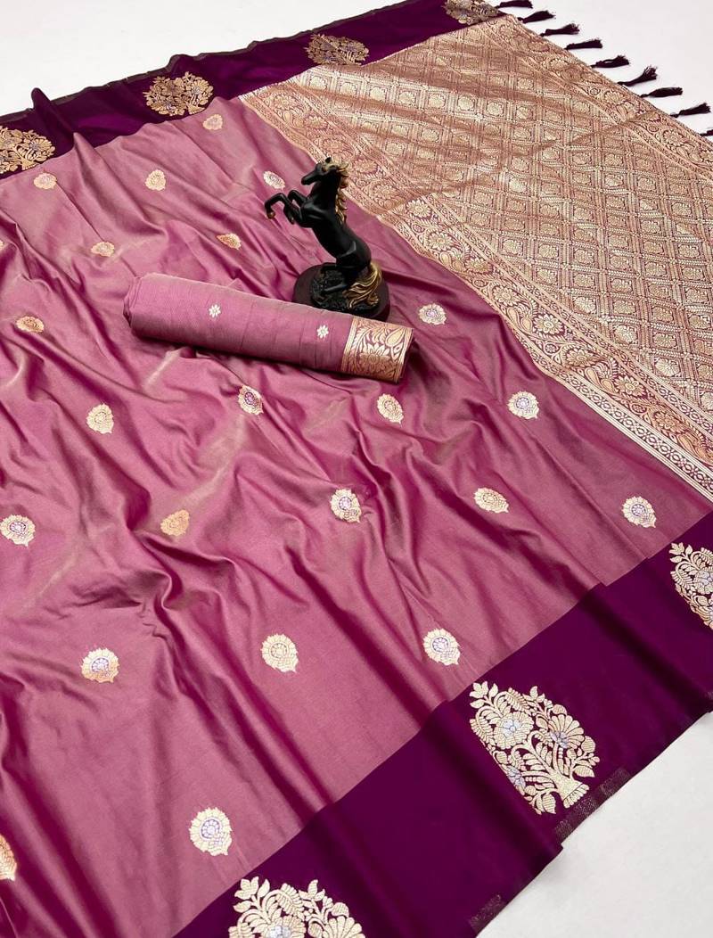 Magenta soft silk saree with zari weaving & peacock motifs