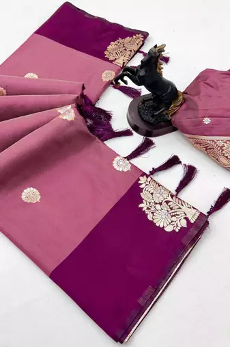 Magenta soft silk saree with zari weaving & peacock motifs