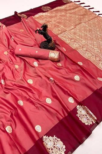 Orange soft silk saree with zari weaving & peacock motifs