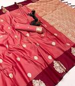 Orange soft silk saree with zari weaving & peacock motifs