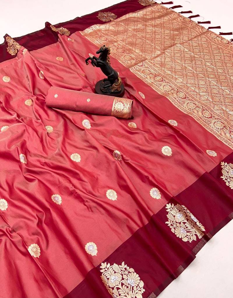 Orange soft silk saree with zari weaving & peacock motifs