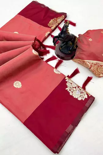 Orange soft silk saree with zari weaving & peacock motifs