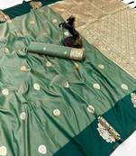 Green soft silk saree with zari weaving & peacock motifs