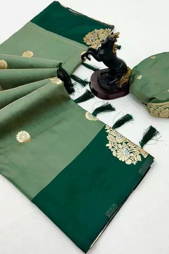 Green soft silk saree with zari weaving & peacock motifs
