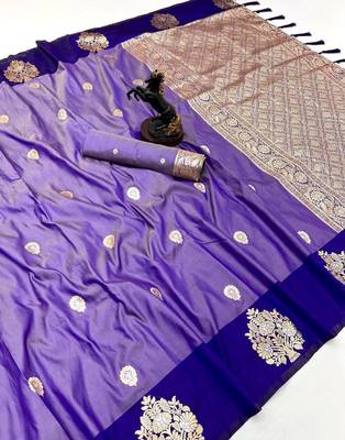 Purple soft silk saree with zari weaving & peacock motifs 1
