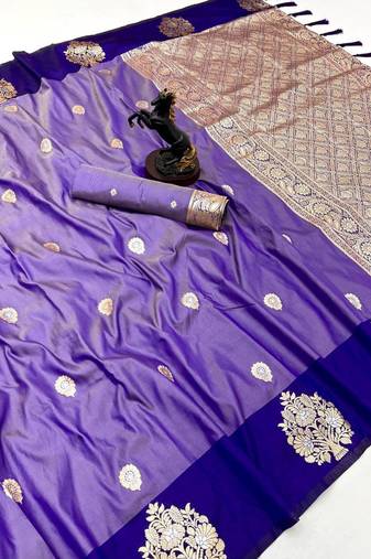 Purple soft silk saree with zari weaving & peacock motifs