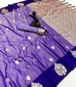 Purple soft silk saree with zari weaving & peacock motifs