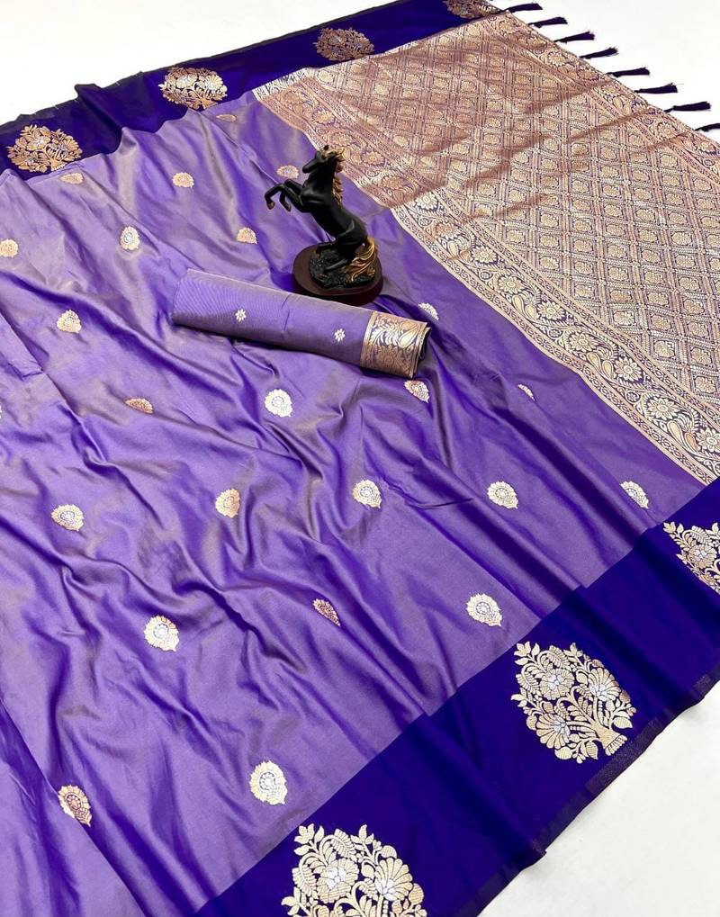 Purple soft silk saree with zari weaving & peacock motifs