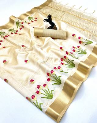 Cream tissue kerala kasavu saree with floral embroidery design 1