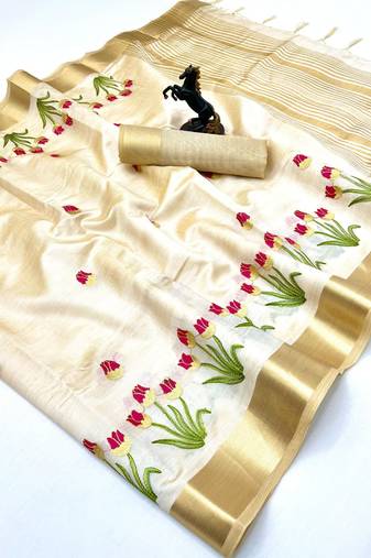 Cream tissue kerala kasavu saree with floral embroidery design